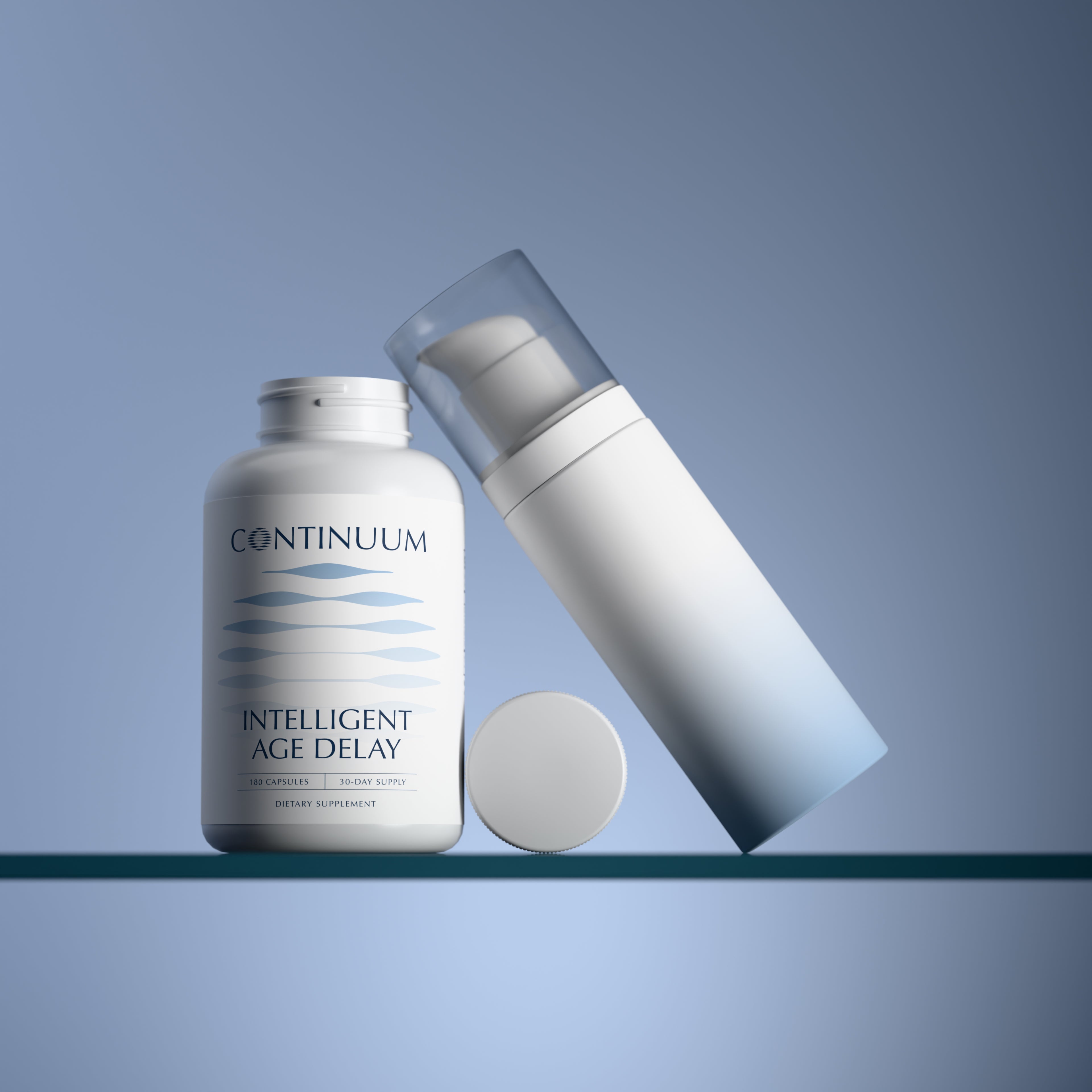 Two skincare products from Continuum on a gradient blue background