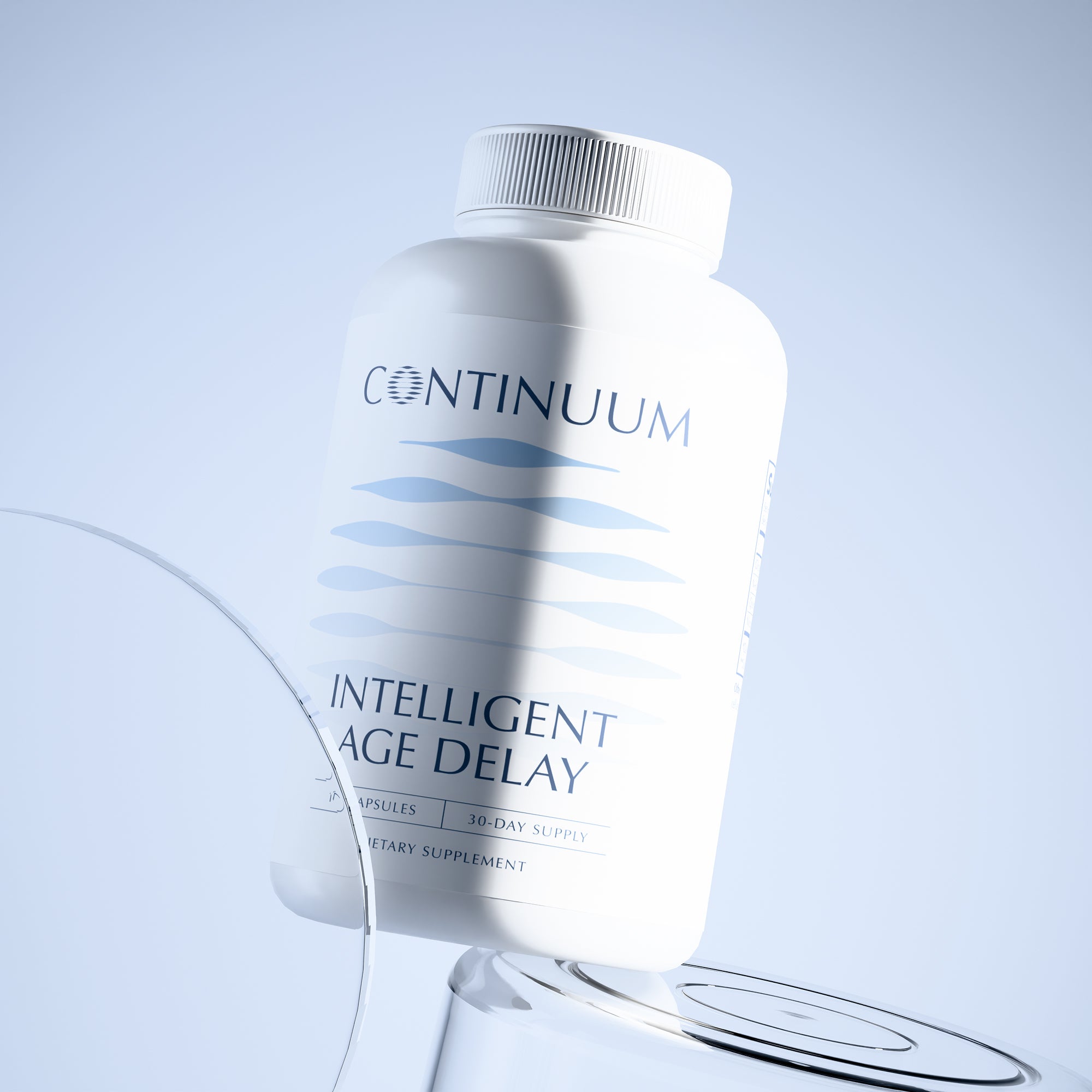 Supplement bottle labeled 'Continuum Intelligent Age Delay' on a light blue background