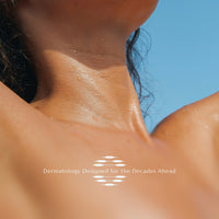 Close-up of a person's neck with a blue sky background and text 'Dermatology Designed for the Decades Ahead'.