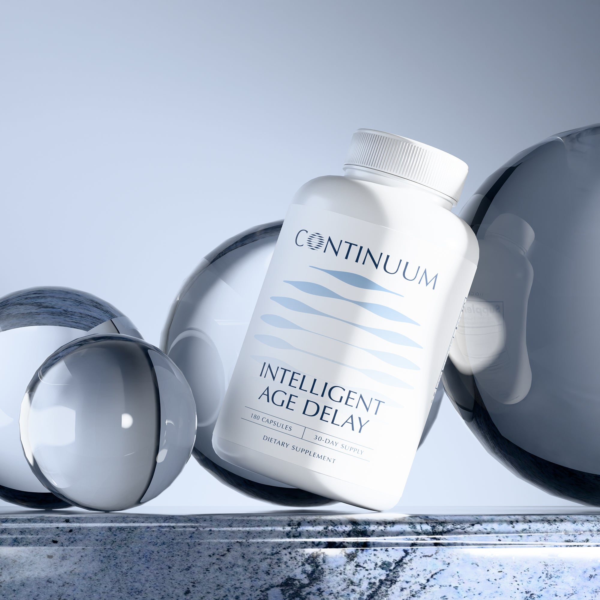 Supplement bottle labeled 'Continuum Intelligent Age Delay' on a reflective surface with abstract shapes.